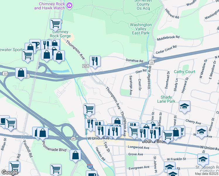 map of restaurants, bars, coffee shops, grocery stores, and more near 665 Thompson Avenue in Bound Brook