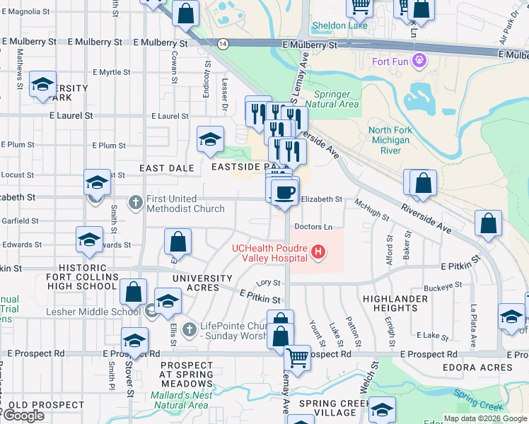 map of restaurants, bars, coffee shops, grocery stores, and more near 1021 Robertson Street in Fort Collins