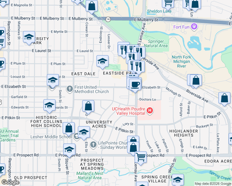 map of restaurants, bars, coffee shops, grocery stores, and more near 1021 Robertson Street in Fort Collins