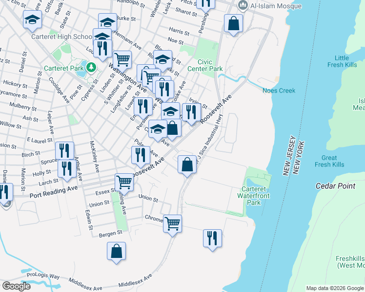 map of restaurants, bars, coffee shops, grocery stores, and more near 704 Abbi Road in Carteret
