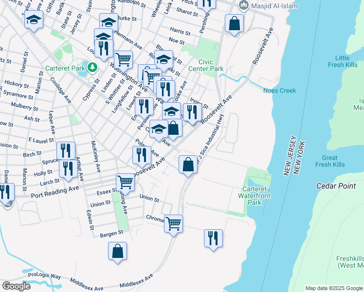 map of restaurants, bars, coffee shops, grocery stores, and more near 704 Abbi Road in Carteret