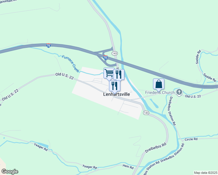 map of restaurants, bars, coffee shops, grocery stores, and more near 65 Penn Street in Lenhartsville
