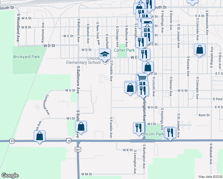 map of restaurants, bars, coffee shops, grocery stores, and more near 801-953 S Franklin Ave in Hastings