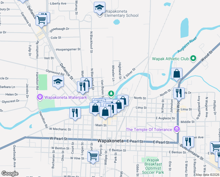 map of restaurants, bars, coffee shops, grocery stores, and more near 5 East Silver Street in Wapakoneta