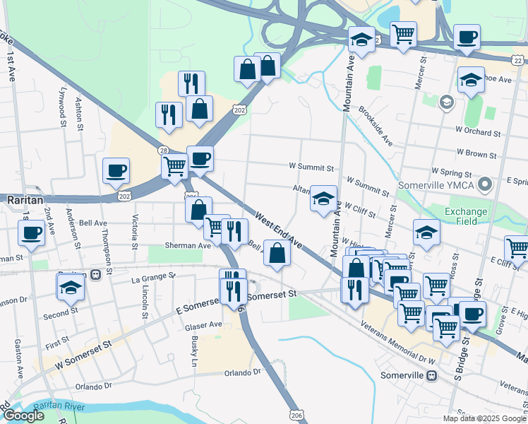 map of restaurants, bars, coffee shops, grocery stores, and more near 142 West End Avenue in Somerville