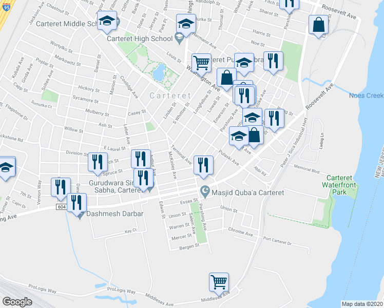 map of restaurants, bars, coffee shops, grocery stores, and more near 12 Emerson Street in Carteret
