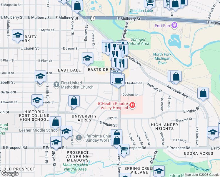 map of restaurants, bars, coffee shops, grocery stores, and more near 1005 Robertson Street in Fort Collins