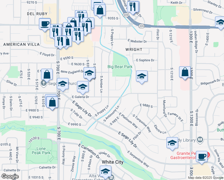 map of restaurants, bars, coffee shops, grocery stores, and more near East 9780 South in Sandy