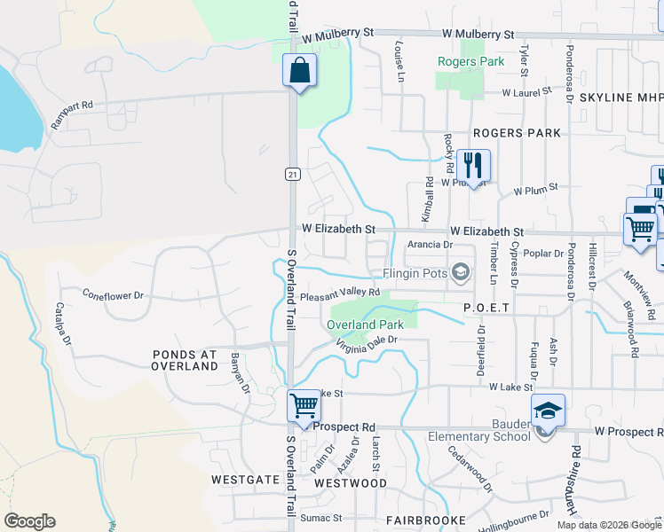 map of restaurants, bars, coffee shops, grocery stores, and more near 1042 Tierra Lane in Fort Collins