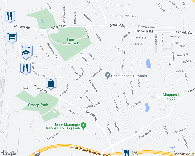 map of restaurants, bars, coffee shops, grocery stores, and more near 6124 Tamarack Drive in Allentown
