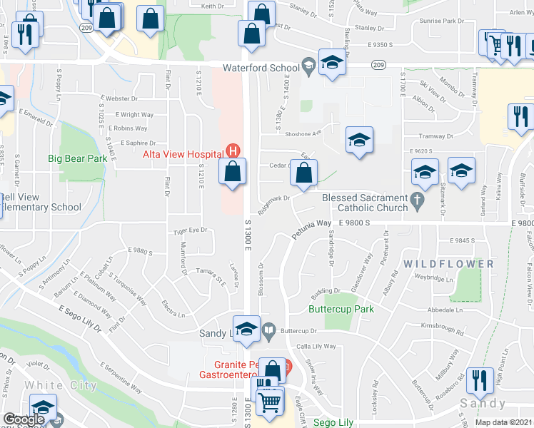 map of restaurants, bars, coffee shops, grocery stores, and more near 1346 Ridgemark Drive in Sandy