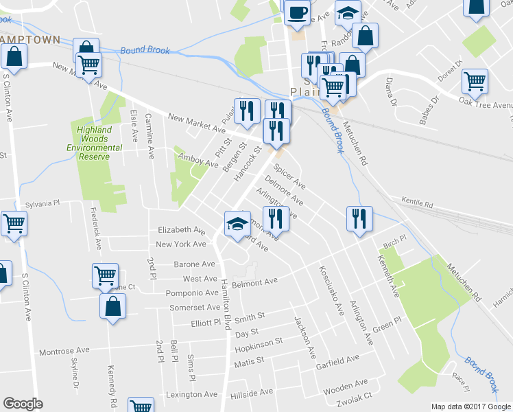 map of restaurants, bars, coffee shops, grocery stores, and more near 111 Kosciusko Avenue in South Plainfield