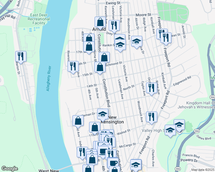 map of restaurants, bars, coffee shops, grocery stores, and more near 1542 Constitution Boulevard in Arnold