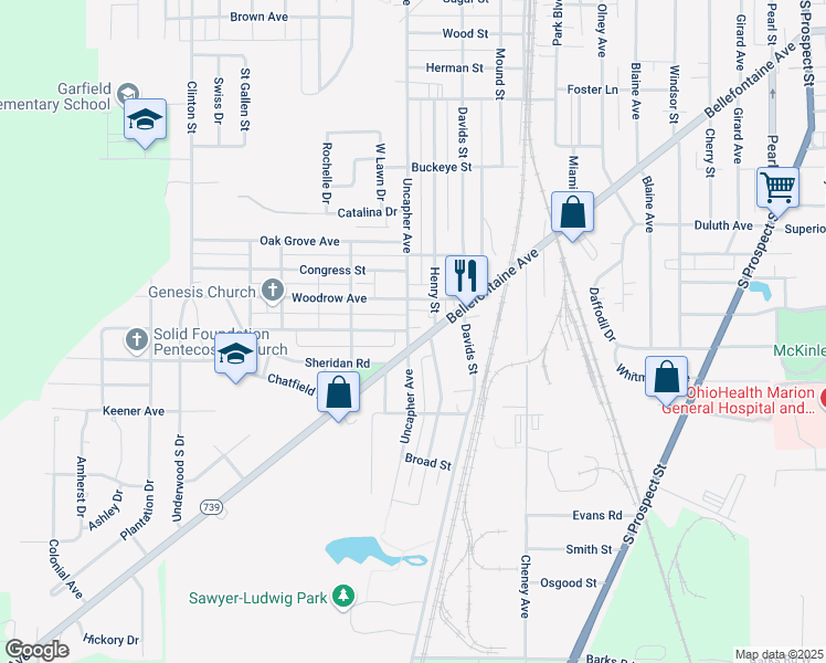 map of restaurants, bars, coffee shops, grocery stores, and more near 868 Bellefontaine Avenue in Marion