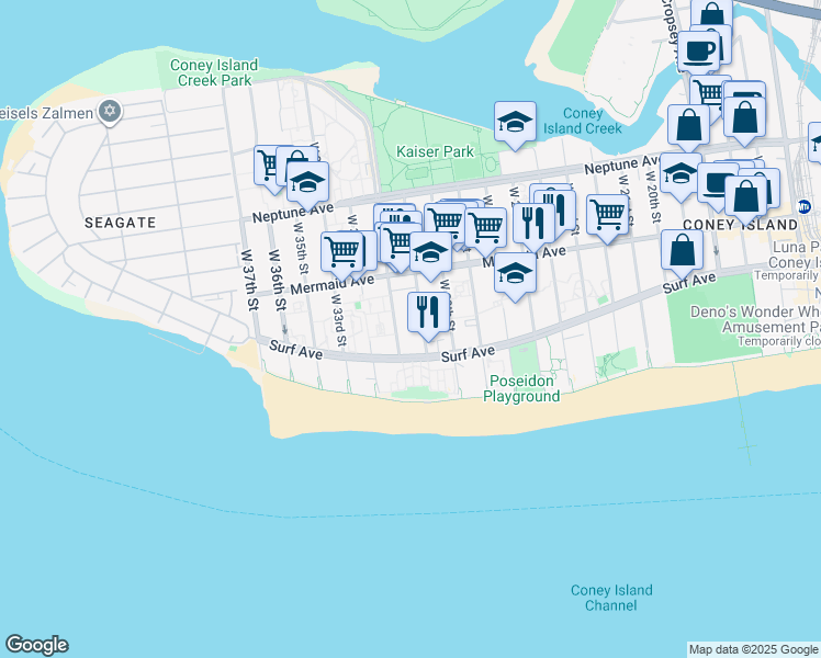 map of restaurants, bars, coffee shops, grocery stores, and more near 2930 West 30th Street in Brooklyn
