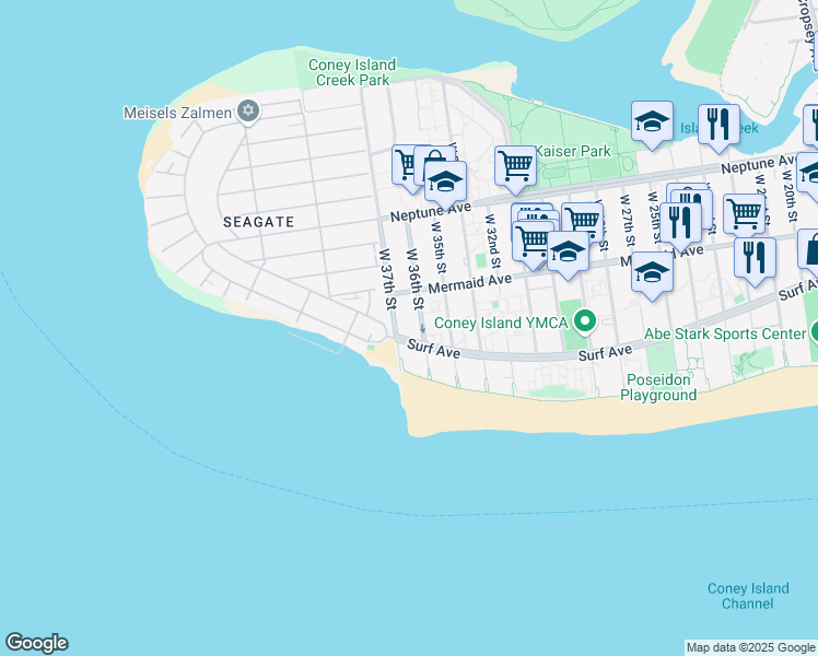 map of restaurants, bars, coffee shops, grocery stores, and more near 3601 Surf Avenue in Brooklyn