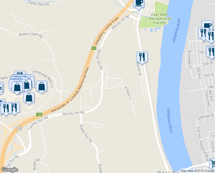 map of restaurants, bars, coffee shops, grocery stores, and more near 115 Cambria Hill Drive in Tarentum