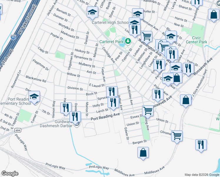 map of restaurants, bars, coffee shops, grocery stores, and more near 36 Birch Street in Carteret