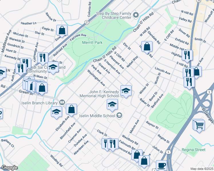 map of restaurants, bars, coffee shops, grocery stores, and more near 90 Washington Avenue in Woodbridge Township