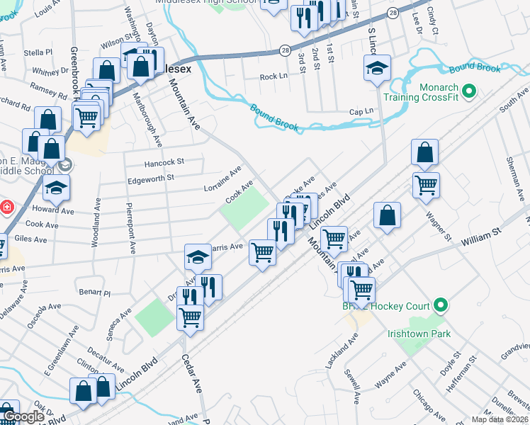 map of restaurants, bars, coffee shops, grocery stores, and more near 650 Drake Avenue in Middlesex