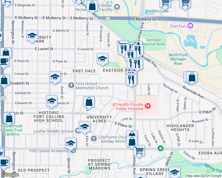 map of restaurants, bars, coffee shops, grocery stores, and more near 1009 Morgan Street in Fort Collins