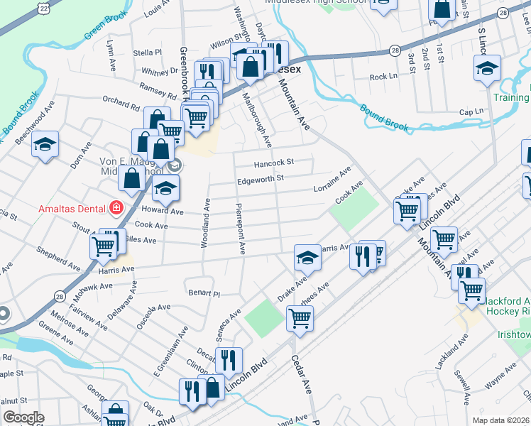 map of restaurants, bars, coffee shops, grocery stores, and more near 432 Howard Avenue in Middlesex