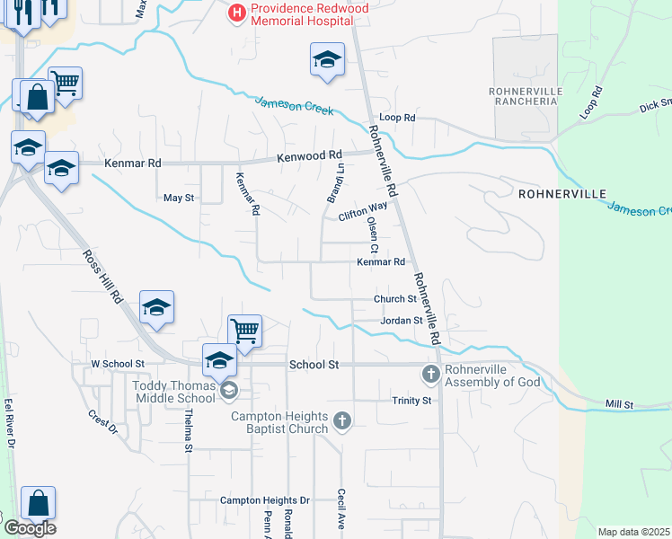 map of restaurants, bars, coffee shops, grocery stores, and more near 2224 Lee Court in Fortuna