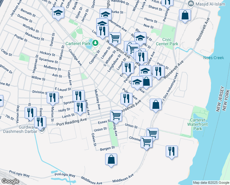 map of restaurants, bars, coffee shops, grocery stores, and more near 12 Emerson Street in Carteret