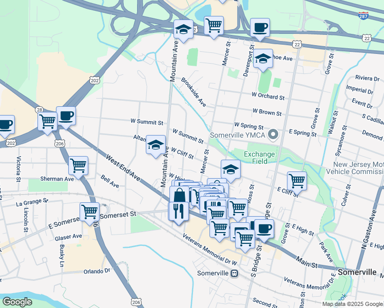 map of restaurants, bars, coffee shops, grocery stores, and more near 160 West Cliff Street in Somerville