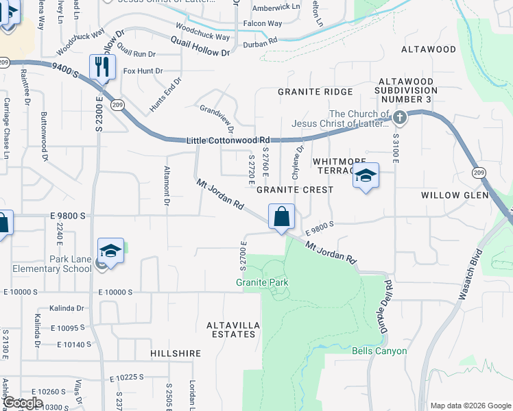 map of restaurants, bars, coffee shops, grocery stores, and more near 2731 Mount Jordan Road in Sandy