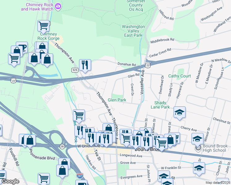 map of restaurants, bars, coffee shops, grocery stores, and more near 31 Glen Rd in Bound Brook