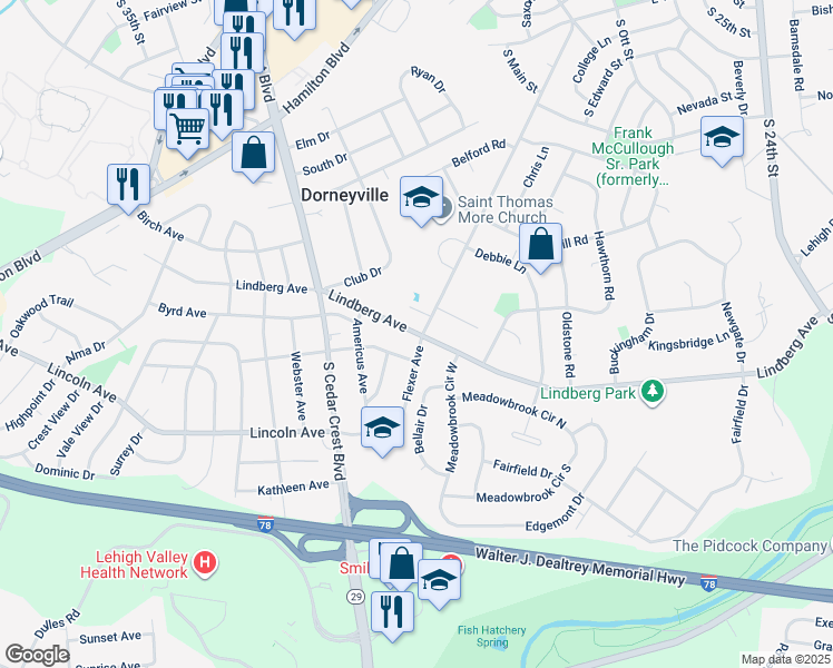 map of restaurants, bars, coffee shops, grocery stores, and more near 3102 Lindberg Avenue in Allentown