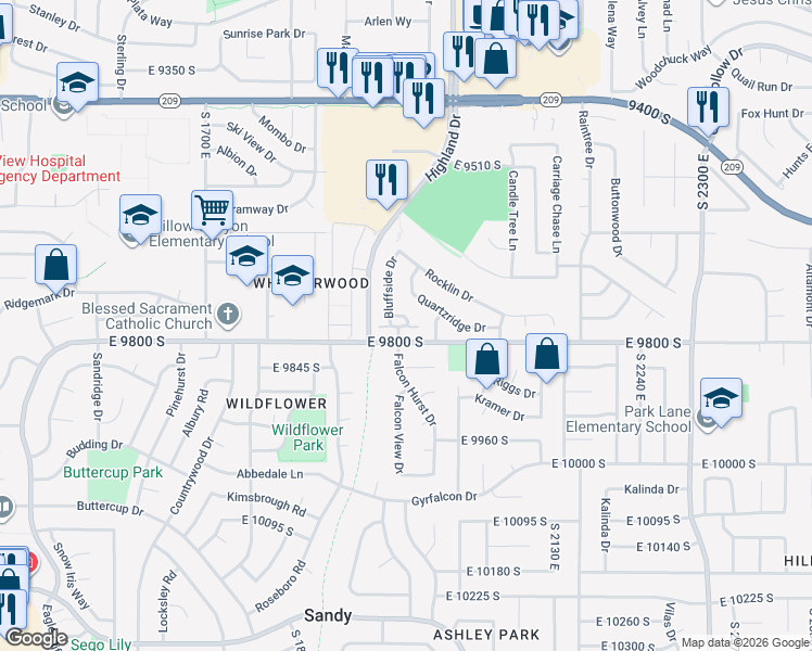 map of restaurants, bars, coffee shops, grocery stores, and more near 1952 East Bluffside Drive in Sandy