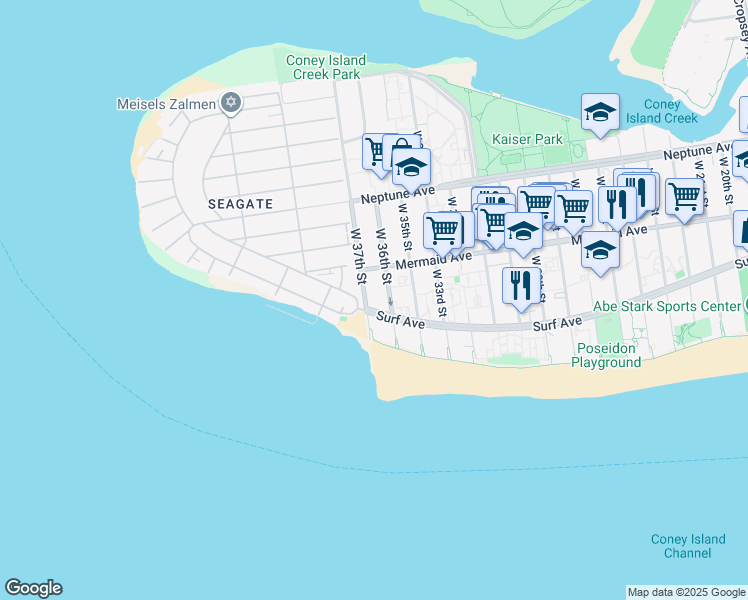 map of restaurants, bars, coffee shops, grocery stores, and more near 3601 Surf Avenue in Brooklyn
