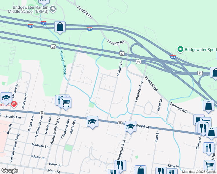 map of restaurants, bars, coffee shops, grocery stores, and more near 5 Columbia Drive in Bridgewater Township