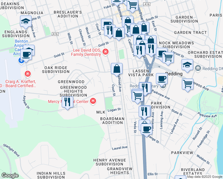 map of restaurants, bars, coffee shops, grocery stores, and more near 2432 Court Street in Redding