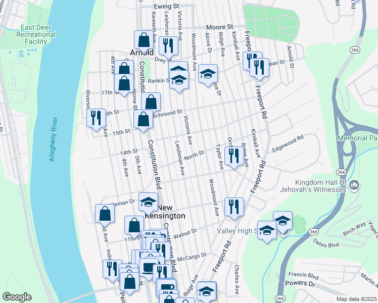 map of restaurants, bars, coffee shops, grocery stores, and more near 1501 Victoria Avenue in New Kensington