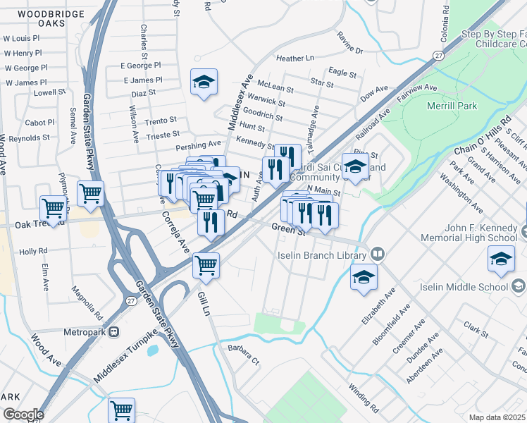 map of restaurants, bars, coffee shops, grocery stores, and more near 426 New Jersey 27 in Woodbridge Township