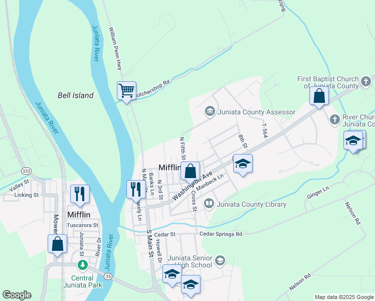 map of restaurants, bars, coffee shops, grocery stores, and more near 105 North 5th Street in Mifflintown