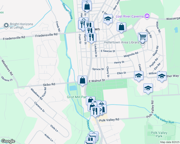 map of restaurants, bars, coffee shops, grocery stores, and more near 161 Main Street in Hellertown