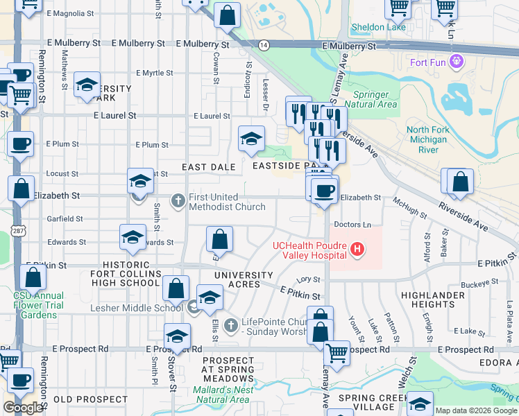map of restaurants, bars, coffee shops, grocery stores, and more near 1009 Morgan Street in Fort Collins