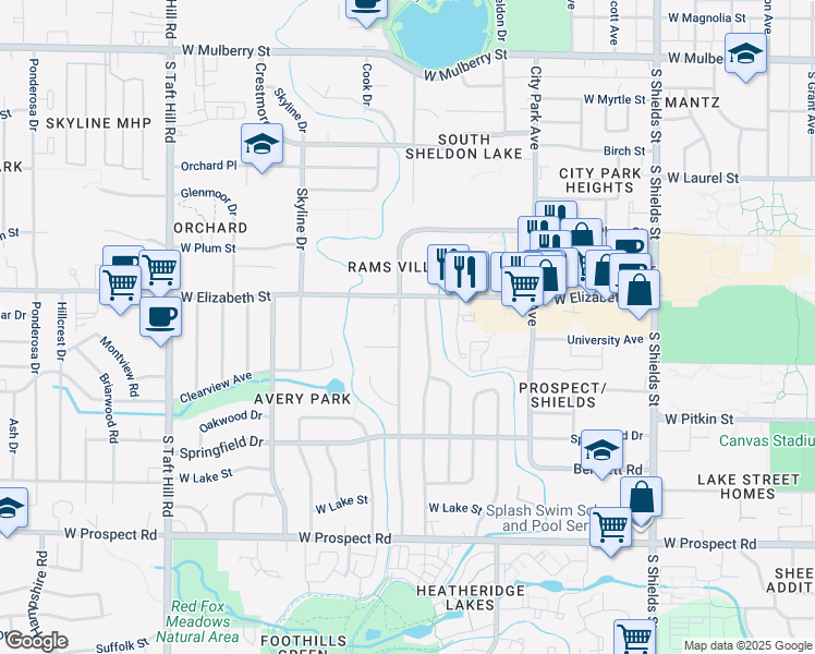 map of restaurants, bars, coffee shops, grocery stores, and more near 1121 South Bryan Avenue in Fort Collins