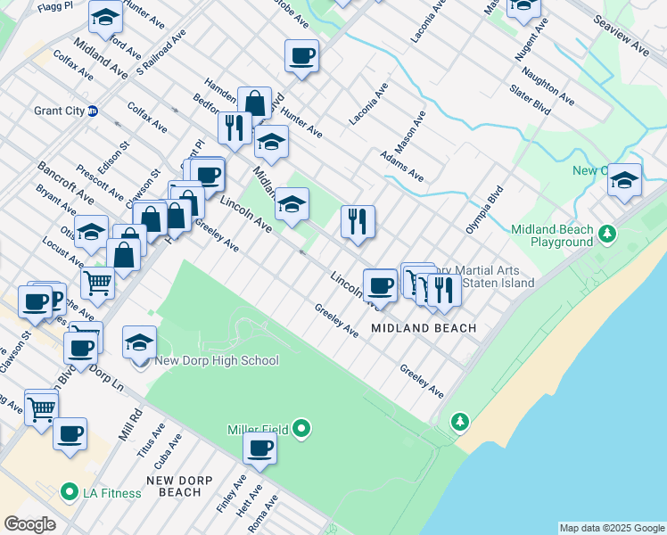 map of restaurants, bars, coffee shops, grocery stores, and more near 233 Kiswick Street in Staten Island