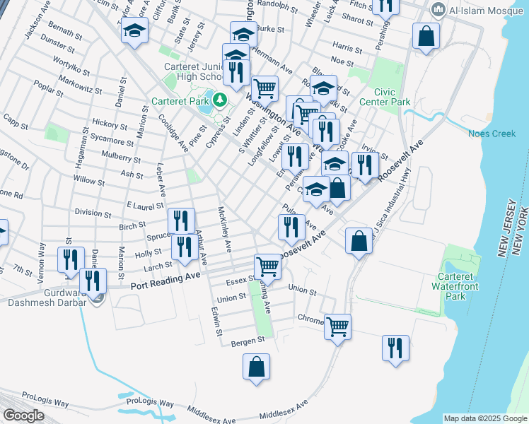 map of restaurants, bars, coffee shops, grocery stores, and more near 12 Emerson Street in Carteret