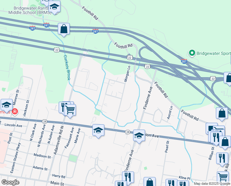 map of restaurants, bars, coffee shops, grocery stores, and more near 5 Columbia Drive in Bridgewater Township