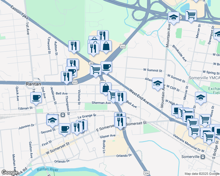 map of restaurants, bars, coffee shops, grocery stores, and more near 31 U.S. 206 in Raritan
