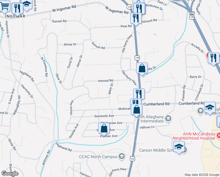 map of restaurants, bars, coffee shops, grocery stores, and more near 9229 Mary Street in Pittsburgh
