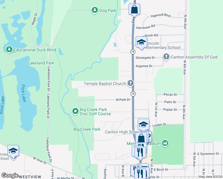 map of restaurants, bars, coffee shops, grocery stores, and more near 2-220 Van Dyke Drive in Canton