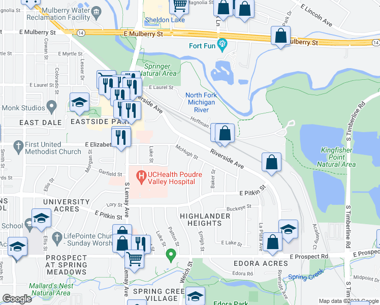 map of restaurants, bars, coffee shops, grocery stores, and more near 1014 McHugh Street in Fort Collins