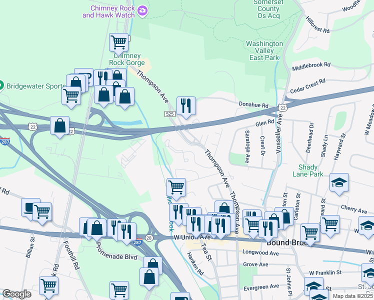map of restaurants, bars, coffee shops, grocery stores, and more near 319 Stratford Place in Bound Brook